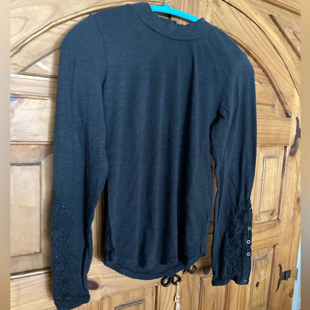 We The Free Black Long Sleeve Tee with Embroidered Cuffs